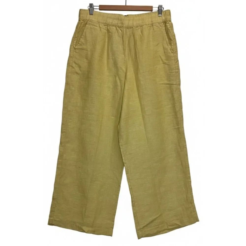 Tahari Women large European linen lemon yellow wide leg pants ankle palazzo